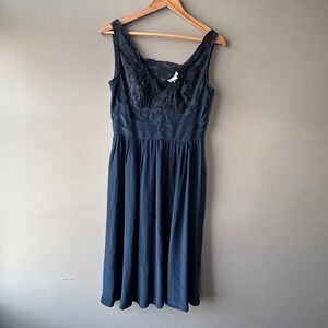 Anthropologie Lil Navy Blue 100% Silk Lace Bodice Pintuck Midi Dress Size 8